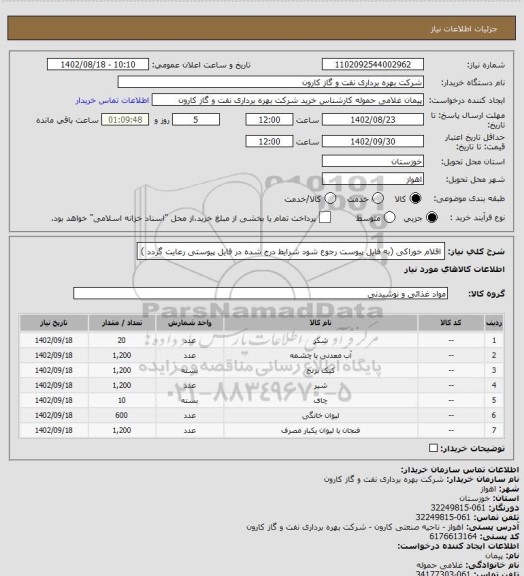 استعلام اقلام خوراکی (به فایل پیوست رجوع شود شرایط درج شده در فایل پیوستی رعایت گردد )