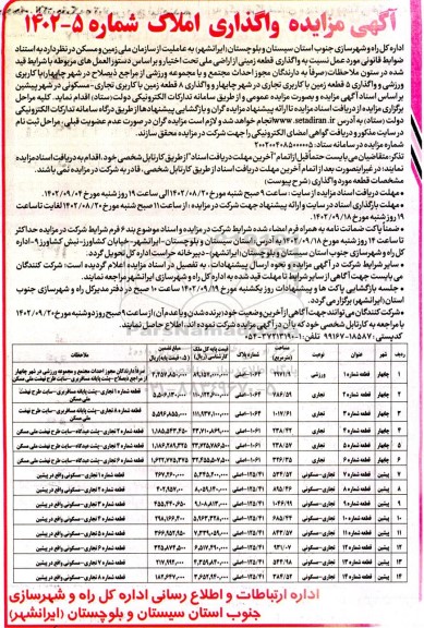 مزایده واگذاری قطعه زمینی از اراضی....