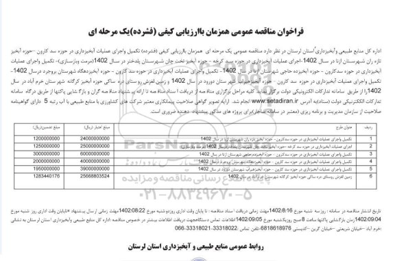 فراخوان مناقصه تکمیل و اجرای عملیات آبخیزداری در حوزه سد کارون - حوزه آبخیز ...