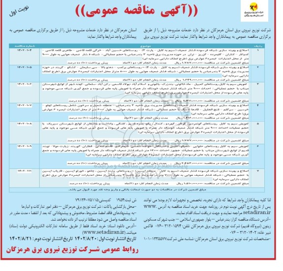 مناقصه اصلاح و بهینه سازی شبکه فرسوده فشار ضعیف....