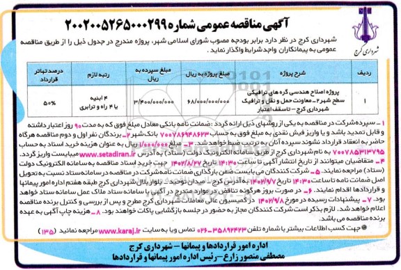 مناقصه اصلاح هندسی گره های ترافیکی سطح شهر...