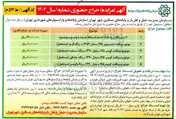 مزایده(حراج ) حضوری 2 دستگاه برج خنک کننده اسقاط شده با وضع موجود و...