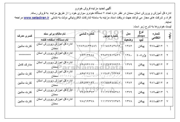 تجدید مزایده فروش خودرو 