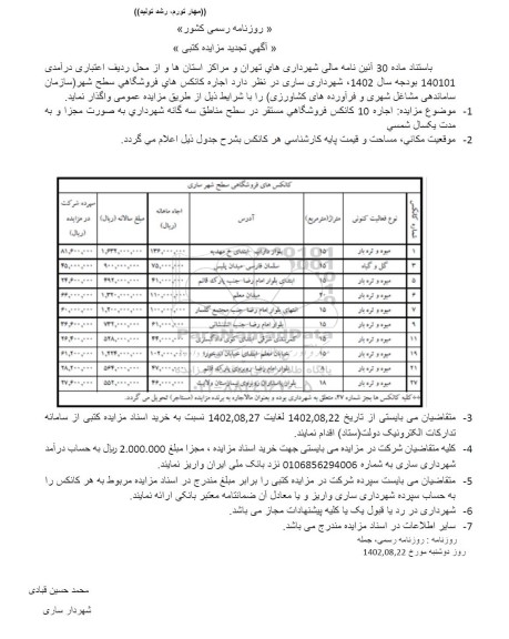 مزایده اجاره کانکس های فروشگاهی سطح شهر
