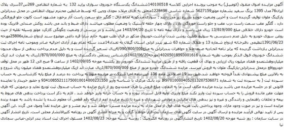 آگهی مزایده ششدانگ یکدستگاه خودروی سواری پراید 132