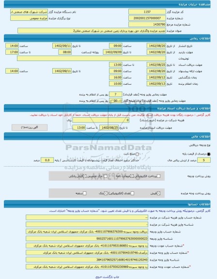 مزایده ، تجدید مزایده واگذاری حق بهره برداری زمین صنعتی در شهرک صنعتی ملایر2 -مزایده زمین  - استان همدان