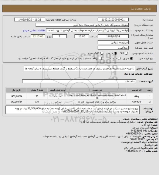 استعلام 1-تهیه حمل و تخلیه مصالح زیر سازی در محل مورد نیاز  2-تسطیح با گریدر مصالح شن ریزی و سایر کوچه ها