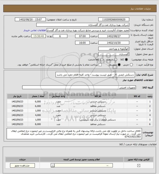استعلام دستکش ایمنی کار - طبق لیست پیوست - واحد کلیه اقلام جفت می باشد