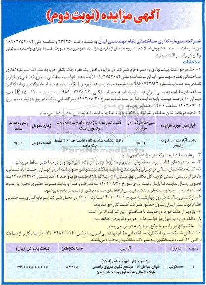 مزایده فروش املاک برای واحد مسکونی نوبت دوم