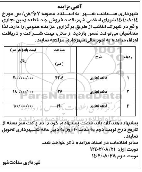 مزایده فروش چند قطعه زمین تجاری