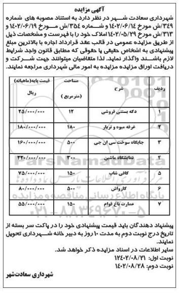 مزایده اجاره دکه بستنی فروشی و ...