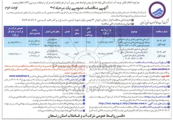 مناقصه آبرسانی به شهر  نوبت دوم 