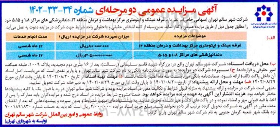 مزایده عمومی واگذاری غرفه عینک و اپتومتری مرکز بهداشت و درمان ...