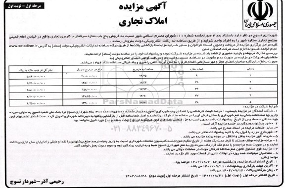 مزایده فروش املاک تجاری (پنج باب مغازه سرقفلی)