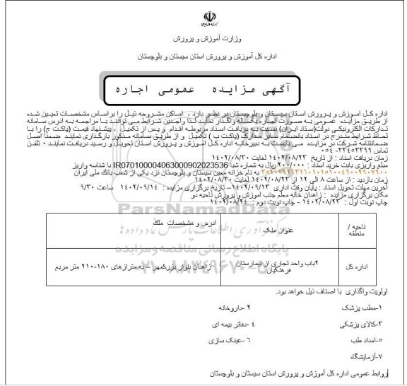 مزایده عمومی اجاره اماکن، 2 باب واحد تجاری