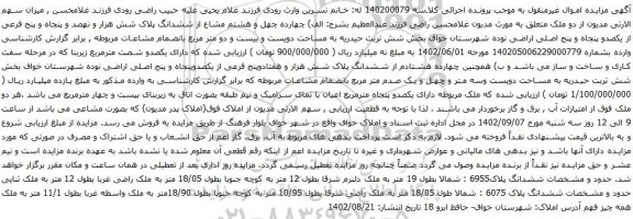 آگهی مزایده ششدانگ پلاک شش هزار و نهصد و پنجاه و پنج فرعی از یکصدو پنجاه و پنج اصلی