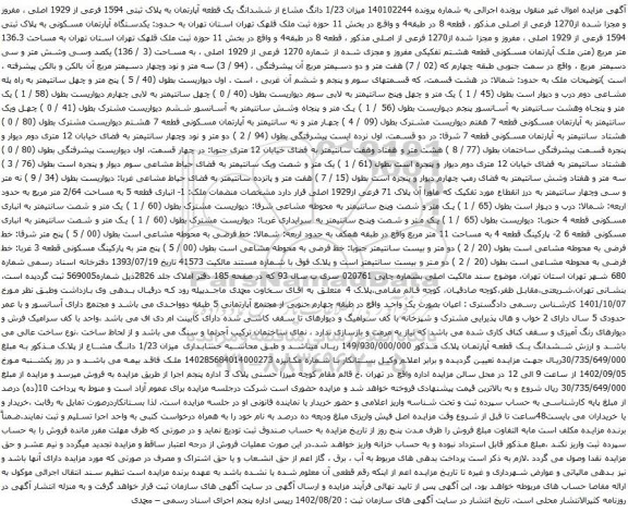 آگهی مزایده 1/23 دانگ مشاع از ششدانگ یک قطعه آپارتمان به پلاک ثبتی 1594 فرعی از 1929 اصلی