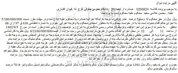 مزایده فروش خودرو ام جی 6 سفید رنگ مدل 1393 موتور سالم وسیستم انتقال نیرو سالم