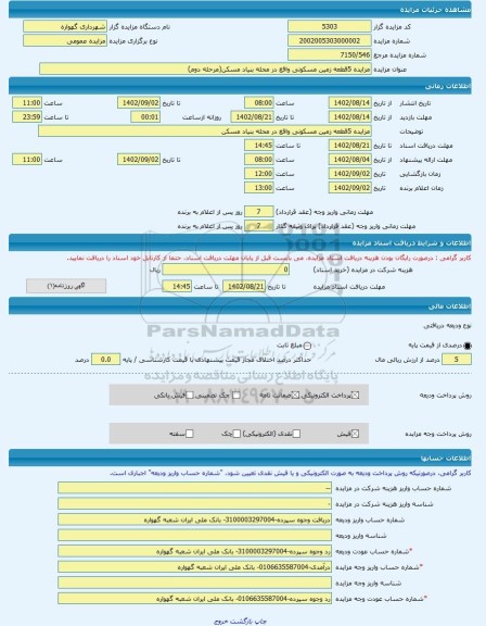 مزایده ، مزایده 5قطعه زمین مسکونی واقع در محله بنیاد مسکن(مرحله دوم) -مزایده زمین  - استان کرمانشاه