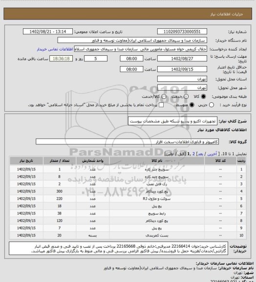 استعلام تجهیزات اکتیو و پسیو شبکه طبق مشخصات پیوست