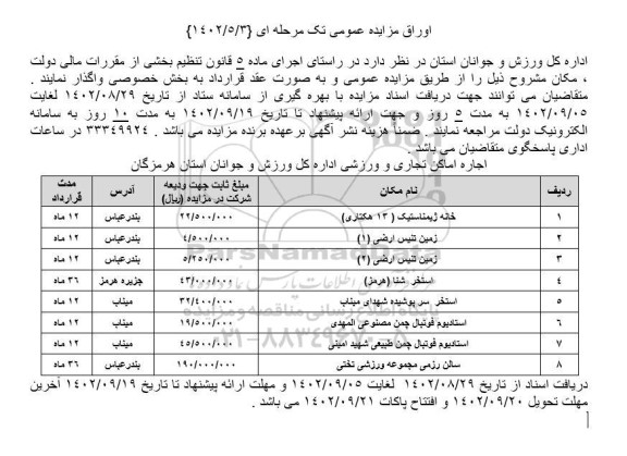 مزایده اجاره اماکن تجاری و ورزشی