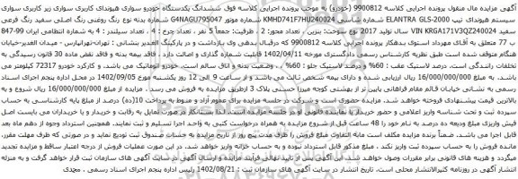 آگهی مزایده ششدانگ یکدستگاه خودرو سواری هیوندای