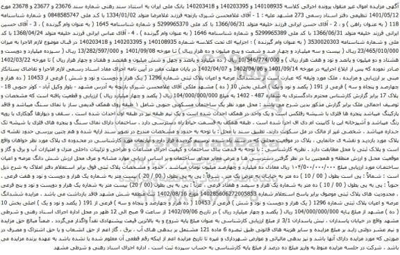 مزایده ششدانگ عرصه و اعیان پلاک ثبتی شماره 1296