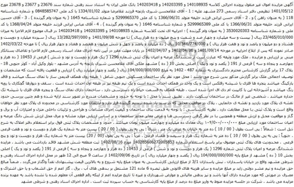 مزایده ششدانگ عرصه و اعیان پلاک ثبتی شماره 1296