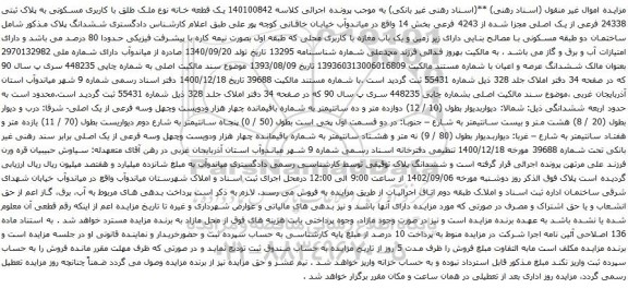 مزایده ملک طلق با کاربری مسکونی به پلاک ثبتی 24338 فرعی از یک اصلی مجزا شده 