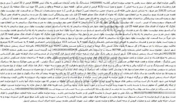 مزایده ششدانگ یک واحد آپارتمان مسکونی به پلاک ثبتی 35088 فرعی از 33 اصلی 