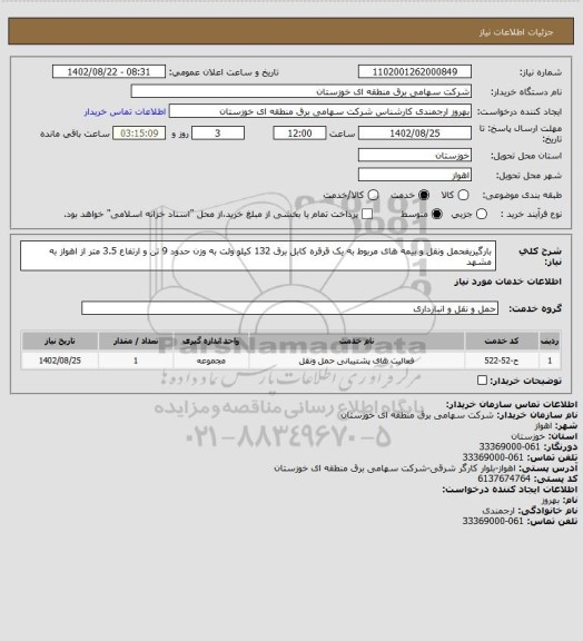 استعلام بارگیریفحمل ونقل و بیمه های مربوط به یک قرقره کابل برق 132 کیلو ولت به وزن حدود 9 تن و ارتفاع 3.5 متر از اهواز به مشهد