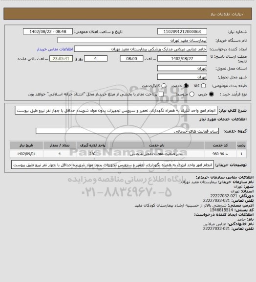 استعلام انجام امور واحد لنژری به همراه نگهداری، تعمیر و سرویس تجهیزات بدون مواد شوینده حداقل با چهار نفر نیرو طبق پیوست