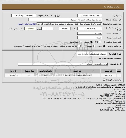 استعلام تعمیرات خطوط سالن تیراندازی نفت