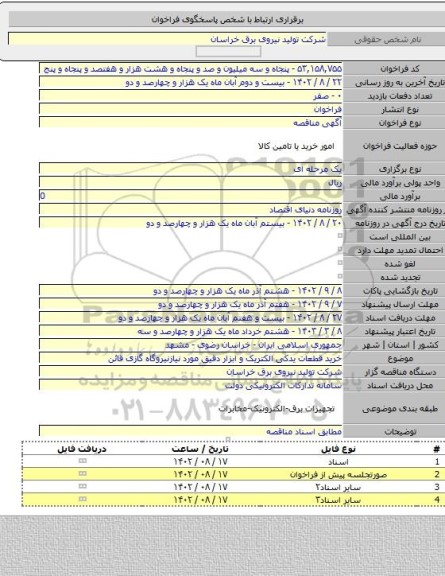 مناقصه, خرید قطعات یدکی الکتریک و ابزار دقیق مورد نیازنیروگاه گازی قائن
