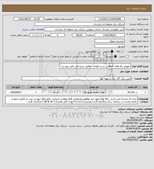 استعلام تعویض رله های حفاظتی پست قوچان مطابق شرح کلی فایل پیوست.