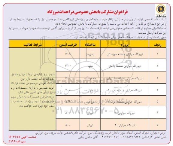 فراخوان مشارکت با بخش خصوصی در احداث نیروگاه 