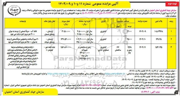 مزایده اجاره ملک با کاربری کشاورزی و کشاورزی مسکونی -اداری- نوبت دوم