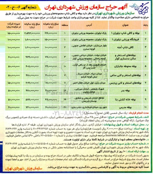 آگهی حراج بوفه و کافی شاپ مجموعه های ورزشی