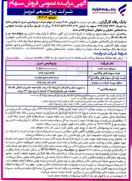 مزایده فروش 4/5 درصد از سهام شرکت