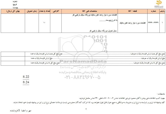 استعلام قطعات موردنیاز واحد انفورماتیک