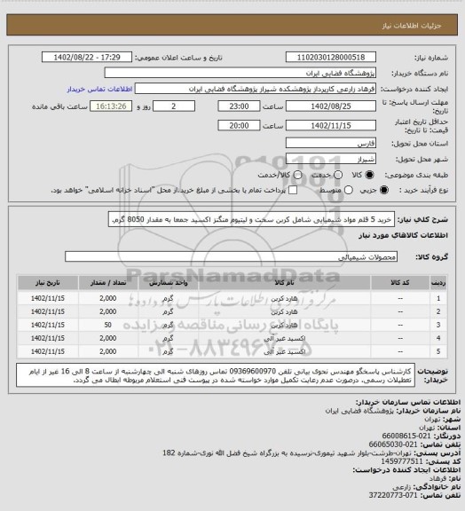 استعلام خرید 5 قلم مواد شیمیایی شامل کربن سخت و لیتیوم منگنز اکسید جمعا به مقدار 8050 گرم.
