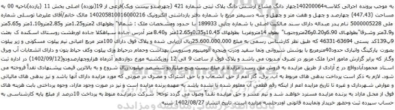 آگهی مزایده چهار دانگ مشاع ازشش دانگ پلاک ثبتی شماره 421