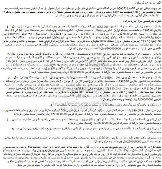 مزایده فروش یکدستگاه پیلوپک عمودی (مواد گرانولی ) یا بسته بندی 4 توزین مدل SM-909 با بالابر و...