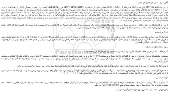مزایده فروش ششدانگ آپارتمان مسکونی طبقه سوم به مساحت 119.93 مترمربع