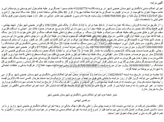 مزایده فروش  1-40 حبه برابر با 3/33 دانگ از پلاک ثبتی 158/1200 