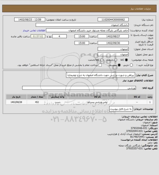 استعلام پیراهن و شورت ورزشی جهت دانشگاه اصفهان به شرح توضیحات
