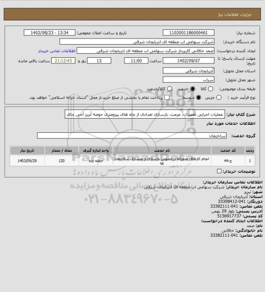 استعلام عملیات اجرایی تعمیرات، مرمت، بازسازی تعدادی از چاه های پیزومتری حوضه آبریز آجی چای