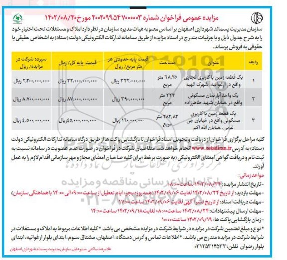 مزایده فروش یک قطعه زمین با کاربری تجاری - مسکونی به مساحت 68.25 و 223 و 282.82 مترمربع