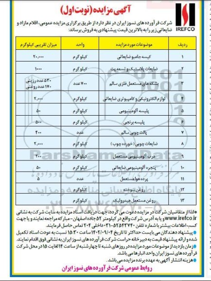 مزایده فروش کیسه جامبو ضایعاتی، ضایعات پلاستیک و تسمه پت و...