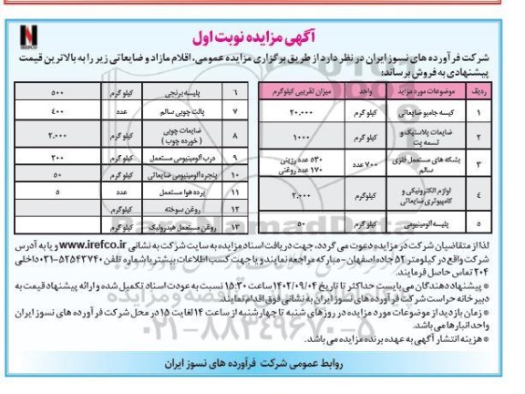 مزایده اقلام مازاد و ضایعاتی